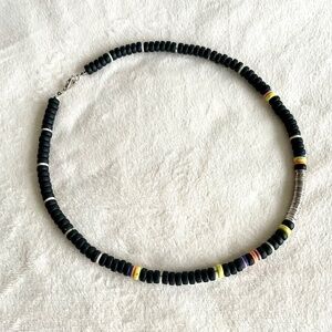 Beaded Necklace/w Black, White, Yellow, Orange, Blue, and Metal Beads
